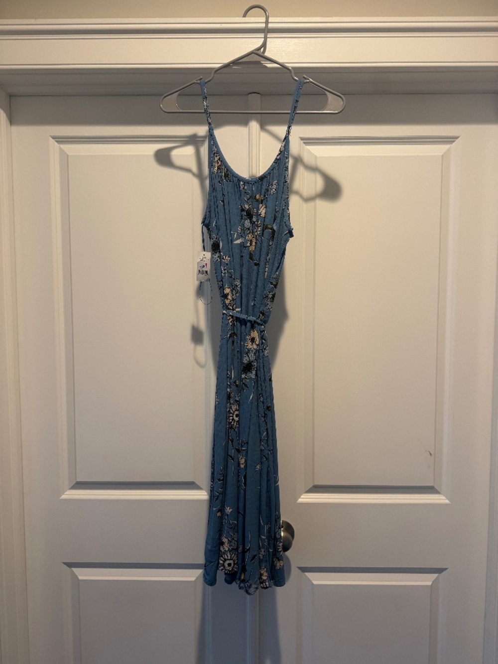 Blue Floral Midi Dress with Tie Waist